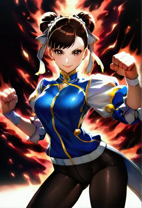 chun li,beautiful young fitness woman with , in a gym wearing May with black pantyhose, white and blue fitted gym jacket. standing alone, of hair,shiny brown eyes,beautiful smile,black leggings aura fight pose
