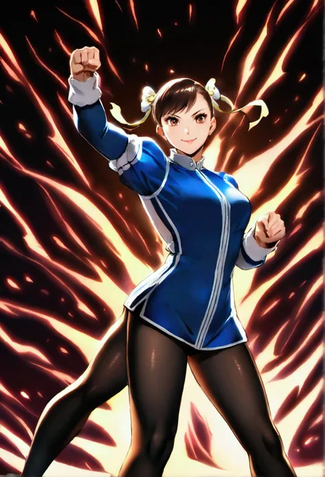 chun li,beautiful young fitness woman with , in a gym wearing May with black pantyhose, white and blue fitted gym jacket. standing alone, of hair,shiny brown eyes,beautiful smile,black leggings aura fight pose kick