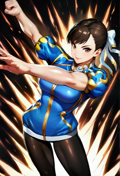 chun li,beautiful young fitness woman with , in a gym wearing may with black pantyhose, white and blue fitted gym jacket. standi...