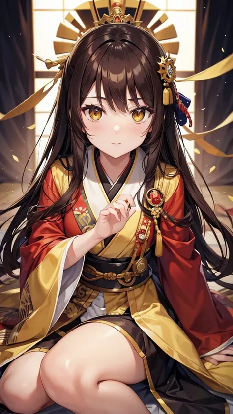  A japanese king with yellow eyes brown hair wearing fantasy dress 