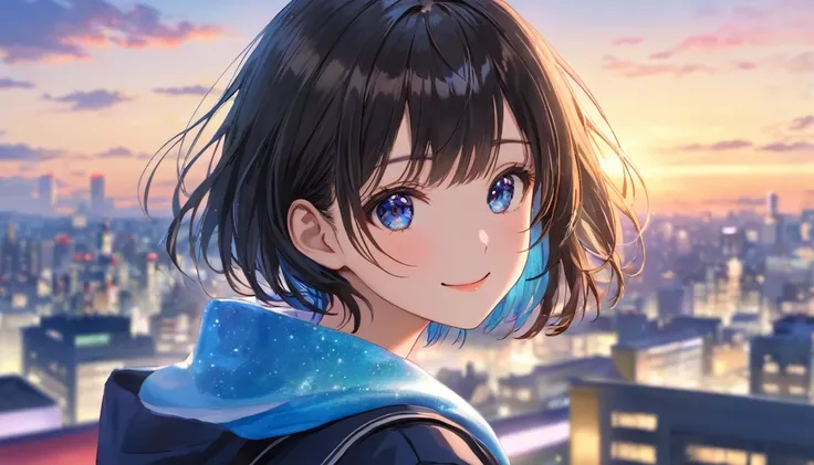 Downtown Tokyo, A clear sky with fluffy white clouds, construction area, Blur the background,Short black haired high school girl, High Cut ,smile,Glitter effect,Highest quality, 4K, 8k, High resolution, masterpiece:1.2, Very detailed, Realistic:1.37, High ...