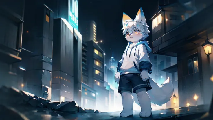 1 cute wolf, detailed fur, navy blue fluffy furcoat, white ears, orange eyes, hoodie, gray shorts, dramatic lighting, dreamlike ...