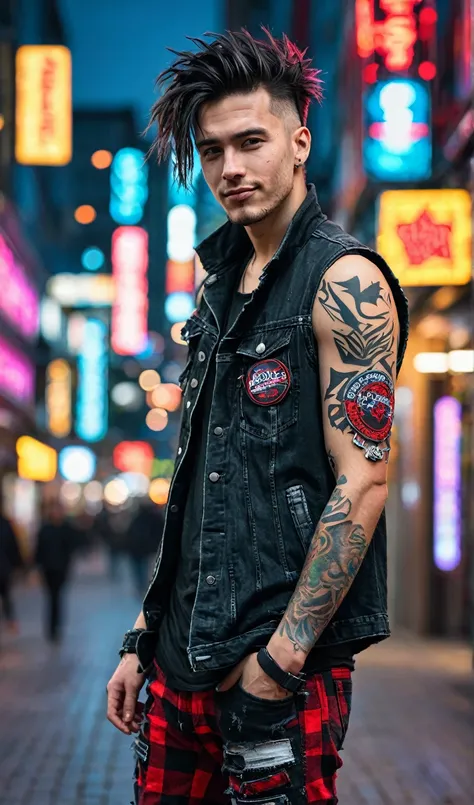 Masterpiece, above, very detailed, original photo, handsome 30 year old young man with cool messy black undercut hair, walking in the cyberpunk city center, wearing a black jean vest full of patches, typical punk pose, tight red checkered flannel pants rip...