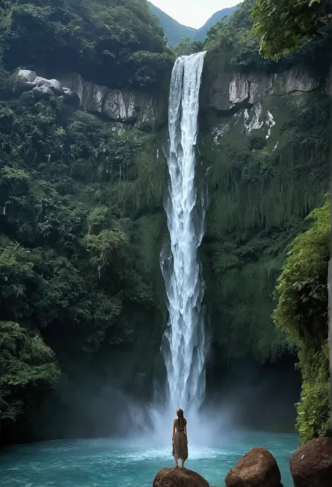 Woman in the waterfall and rivers and mountains