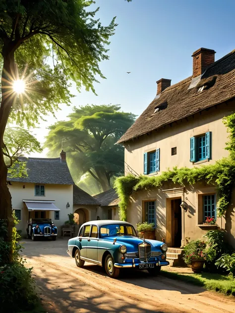 A serene village scene with classic vehicles and a traditional home, dappled in sunlight and shadow, evoking a sense of timeless tranquility