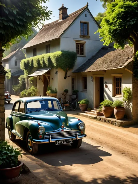 A serene village scene with classic vehicles and a traditional home, dappled in sunlight and shadow, evoking a sense of timeless tranquility