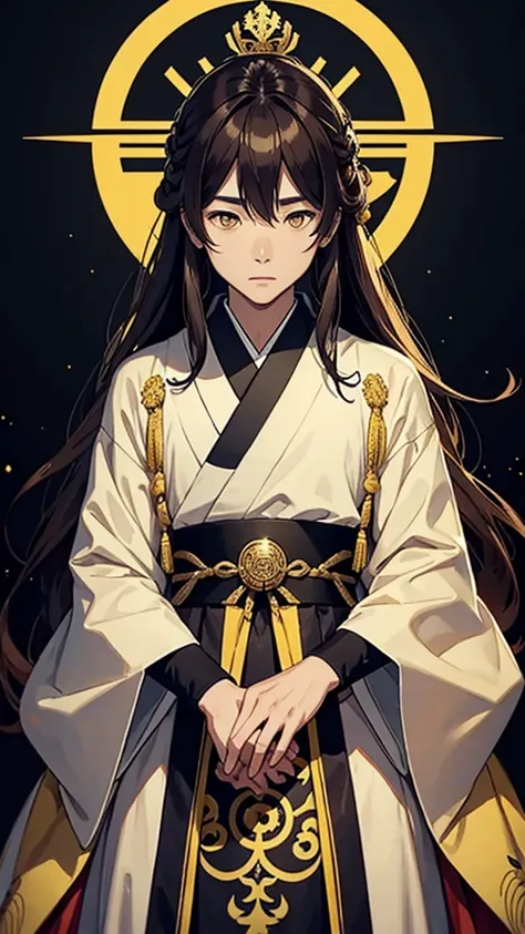  A japanese king with yellow eyes brown hair wearing fantasy dress 