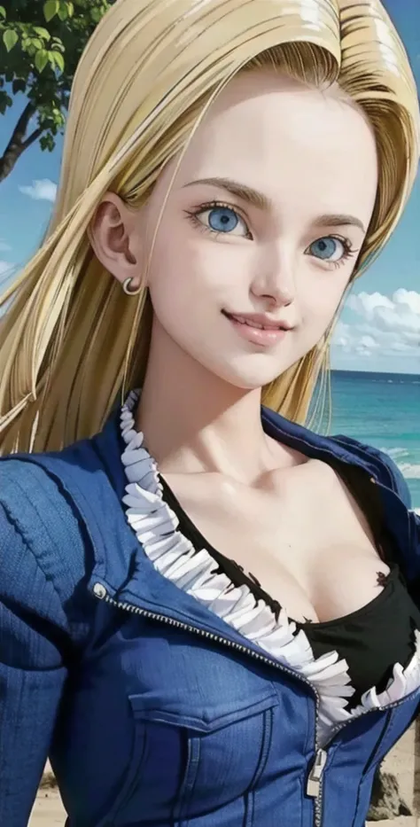 android 18,blonde hair, (Long Straight hair), blue eyes, vest, black shirt, long sleeves, denim jacket, looking at viewer, smile Face, close up portrait, outside, beach, ocean, blue sky, trees, rocks, high quality, masterpiece,  sexy body, perfect breasts,...