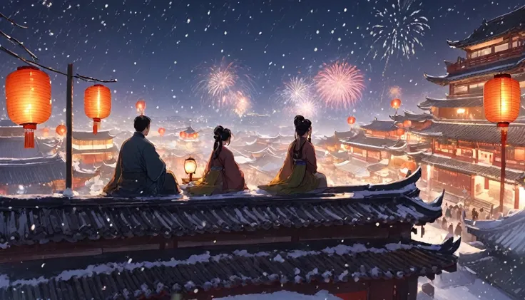 Ancient china city, lantern festival night, firework in the sky, roofs looming in snow, snow falling, only one man and one woman wearing Hanfu sitting on the roof watching fireworks