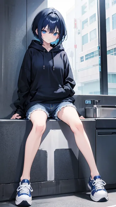 Anime girl with blue eyes dark blue short hair wearing black hoodie and jeans with sneakers 