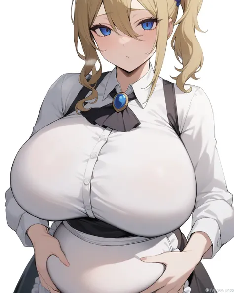 masterpiece,Highest quality,One girl, hayasaka ai, Maid, alone, White Background, Simple Background, View your viewers, Mouth closed, White shirt, Black Dress, Collared shirt, White apron, Long sleeve, Blue Scrunchie,  username, Ascot, brooch、Large Breasts...