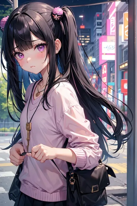 score_9, score_8_up, score_7_up,expressive eyes,1 girl,long hair,blunt bangs,black hair,purple eye,cat hair ornament,necklace,two side up,pink shirt,in park, closed mouth, :t, pout, crying ,thunderstorm,wet ,