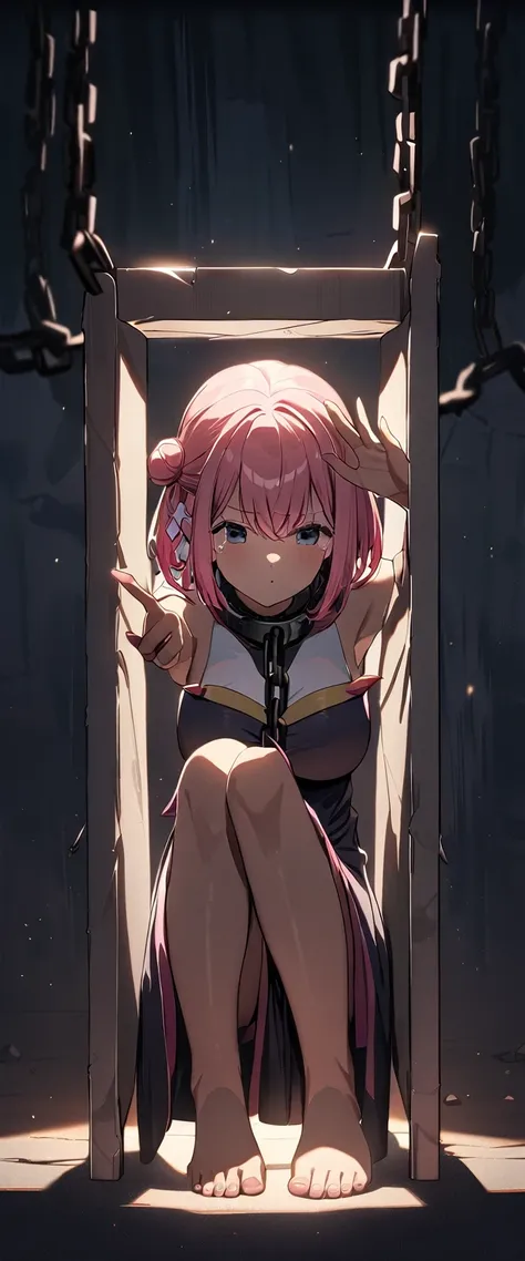 One Girl, yuigahama yui, , short hair, Pink Hair, Hair Bun, (Large Breasts), 
(Highest quality, High resolution, 4K, Detailed lighting, Shaders), 

Chained, 
Are crying, Raise the hand,  
Concrete Background, , 

Stuck in a trap, Cloth from pieces, The who...