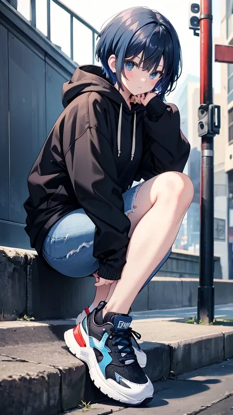 Anime girl with blue eyes dark blue short hair wearing black hoodie and jeans with sneakers 