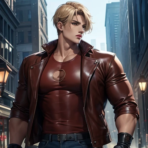 beautiful male detective、blonde、short hair、bangs、brown eyes、red lips、toned body、perfect breasts、t-shirts、brown leather jacket、bl...