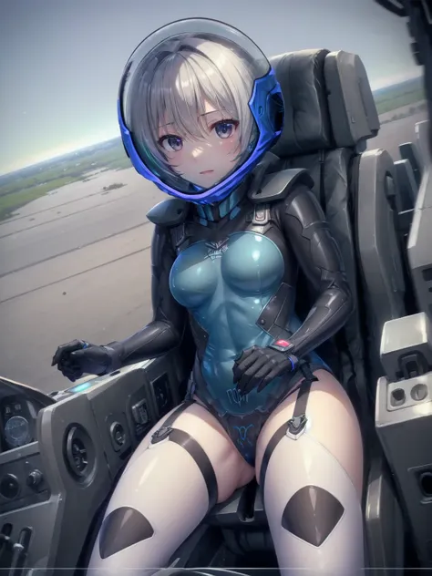  ((Female pilot in the cockpit of a reconnaissance plane), (airplane cockpit), (in flight), (10000 feet altitude)、(sky view):1.7),, short hair, street, emo, BLACK hair, white eyes, eyeliner, apocalypse, girl, nside the (cockpit:1.9) of a (futuristic spaces...