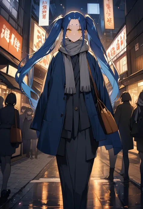 japan city in night(One very tall woman,Her hairstyle is twin tails that expose her forehead.,Navy Blue Hair,yellow eyes,Black haori,Grey scarf around neck,Leather Handbags)