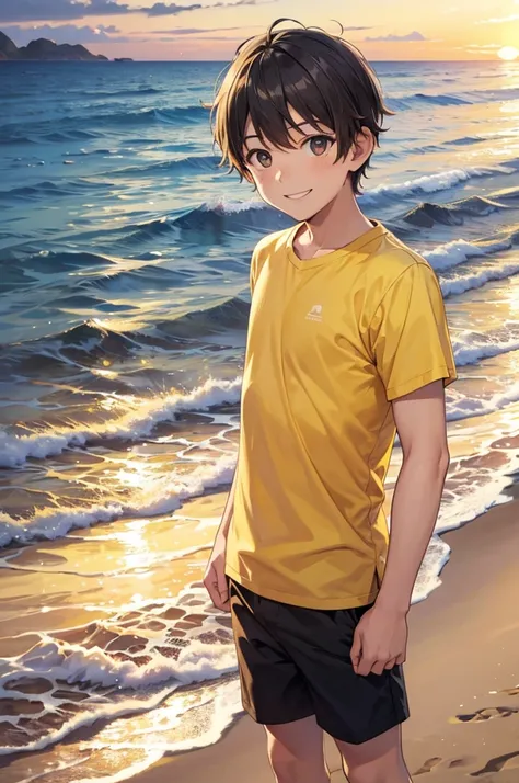 a guy in a yellow shirt taking a selfie on a beach with the ocean in the background, 1boy, male focus, solo, smile, sunset, ocean