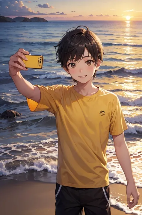 a guy in a yellow shirt taking a selfie on a beach with the ocean in the background, 1boy, male focus, solo, smile, sunset, ocean