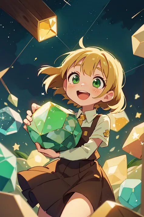 anime girl with short brown hair and green eyes, holding a crystal that fills the rooms with stars and lights, surprised, happy, smile, blonde anime boy hugging her, love, looking up