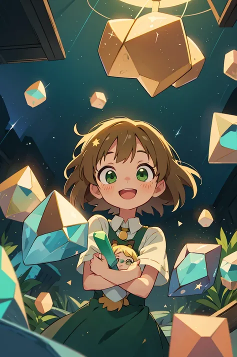 anime girl with short brown hair and green eyes, holding a crystal that fills the rooms with stars and lights, surprised, happy, smile, blonde anime boy hugging her, love, looking up