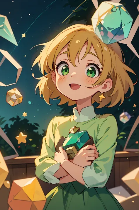 anime girl with short brown hair and green eyes, holding a crystal that fills the rooms with stars and lights, surprised, happy, smile, blonde anime boy hugging her, love, looking up