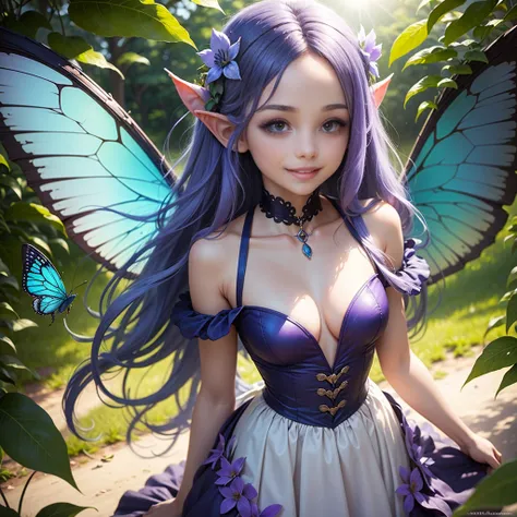 Cute little fairy, long hair, blue-lightpurple sparkling hair, sparkling, pointed ears, sunlight, dress made of leaves, transparent wings, beautiful blue butterfly, big flower, leavesThe sunlight shines brightly and smiles gently