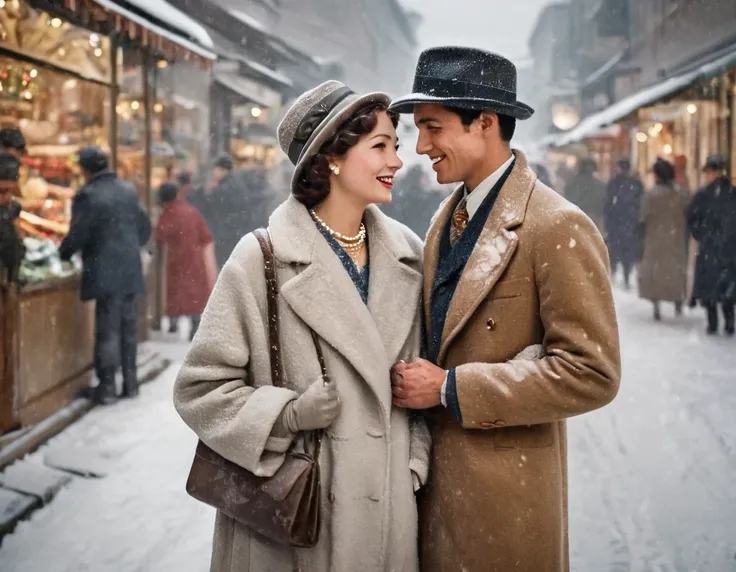 Vintage photography style, Art Deco，best quality,8K,high resolution,Very detailed，very clearly，Snowy Days，Commercial Street，（Many fashionable boys and girls are shopping），（Warm and lively atmosphere）， Delicate texture，Smooth visible velvet，Wear pearl jewel...