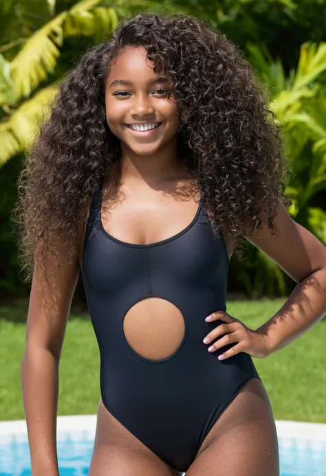 teen (16 years old) ebony girl, long curly hair, really huge ass and thighs, milf, black swimsuit, big cameltoe pussy, smiling