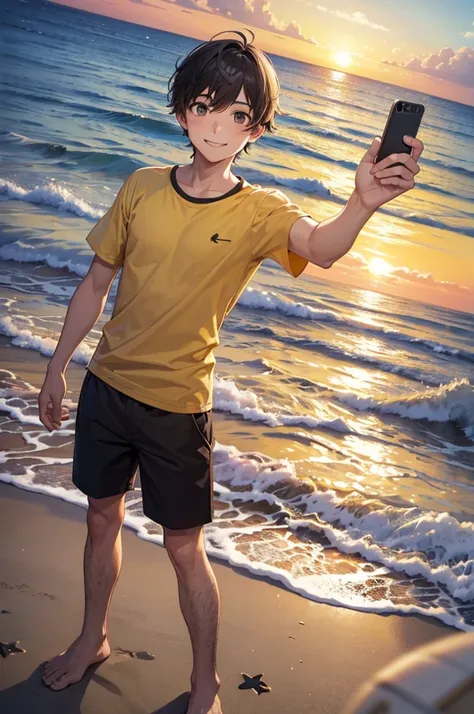 a guy in a yellow shirt taking a selfie on a beach with the ocean in the background, 1boy, male focus, solo, smile, sunset, ocean