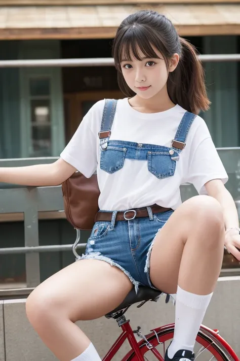  (masterpiece), (Highest quality), High resolution, 8k resolution,Elementary school girl、Denim shorts、Sit in the saddle, ride a bicycle、Black knee-high socks、Spread your legs、From before