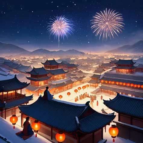 Ancient china city, lantern festival night, firework in the sky, roofs looming in snow, snow falling, only one man and one woman wearing Hanfu sitting on the roof watching fireworks