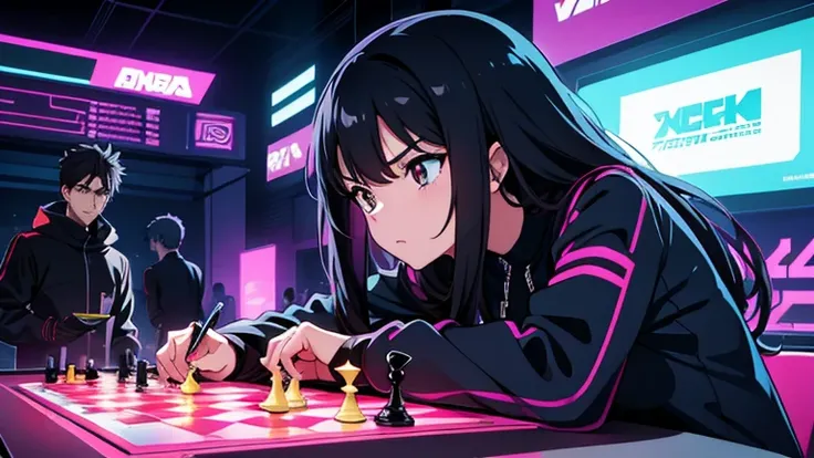 Anime style, super detailed illustration, high definition, dynamic angles, beautiful details, 8K, summer night BREAK In a cyberpunk world of glowing neon lights and futuristic buildings, two BREAKs are playing chess: one is a man with a serious expression ...