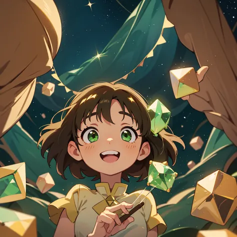 anime woman with short brown hair and green eyes, holding a crystal that fills the rooms with stars and lights and looking up, surprised, happy, smile