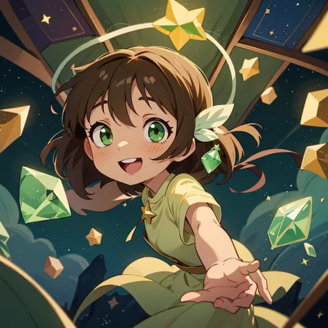 anime woman with short brown hair and green eyes, holding a crystal that fills the rooms with stars and lights and looking up, surprised, happy, smile