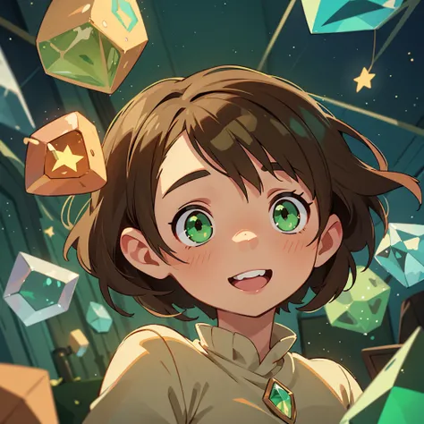 anime woman with short brown hair and green eyes, holding a crystal that fills the rooms with stars and lights and looking up, surprised, happy, smile