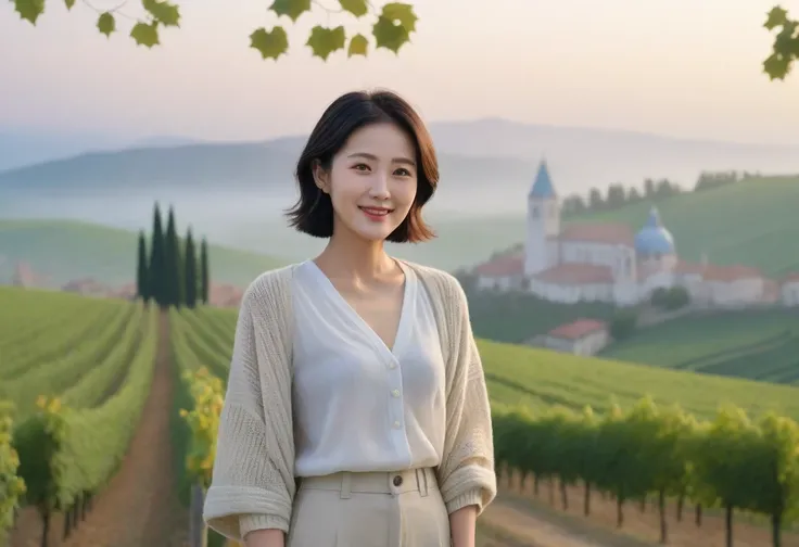 8k best picture quality, Beautiful 36-year-old Korean woman, Chest size 34 inches, Dawn in the northern Italian countryside, View of the cathedral next to the vineyards, The back background is realistic and vivid quality., short medium hair, White shirt an...