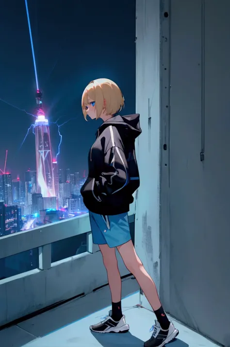 girl with blonde short hair, blue eyes, wearing short pants, black hoodie, night with lightning, low angle camera, from top of bulding,sport shoes