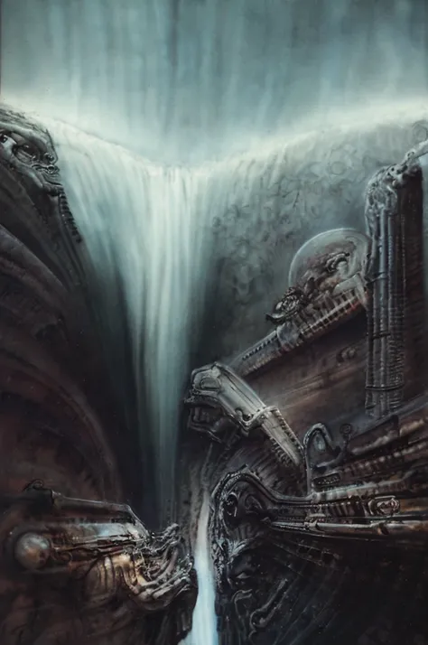 xgiger, The image is a detailed view of H.R. Gigers biomechanical tableau " island of dead" plate, featuring
a fantastical cityscape with a large bridge spanning across a canyon. The architecture is intricate and appears to be made of a dark in the transit...