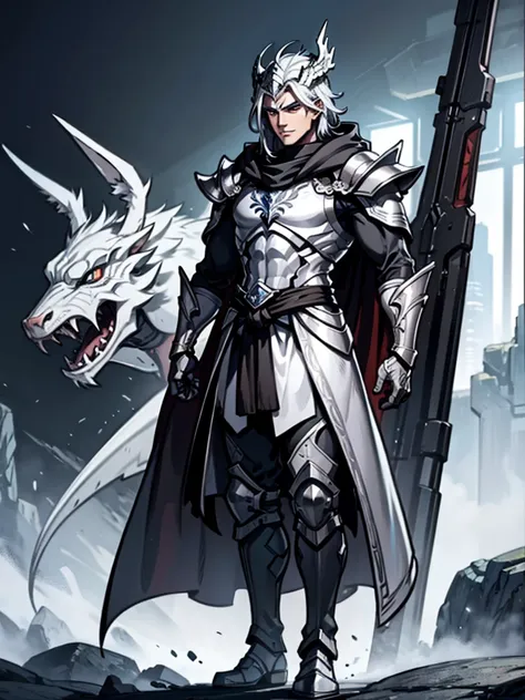 Male Warrior，Silver Armor，Silver hair，Silver Dragon Helmet，cloak，Standing，Handsome，HD