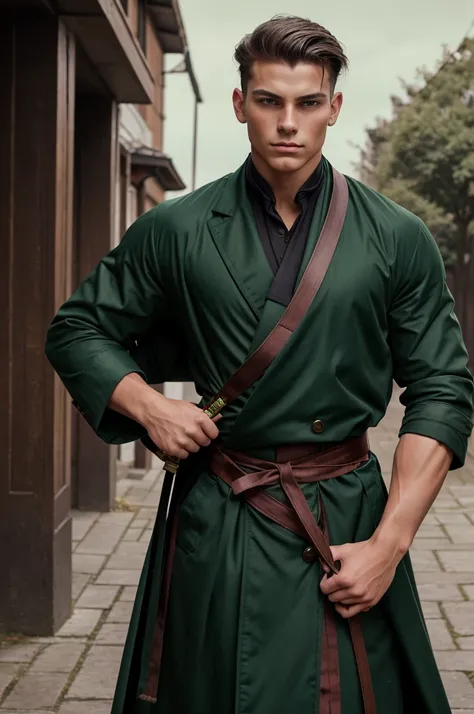 Make me a picture of a 20 year old boy with muscle mass, and his hair has gotten shaggier, while slicked back he now wears a long, open dark-green coat closed on his waist thats held by a muted red sash, into which his three swords are tucked. His black ba...