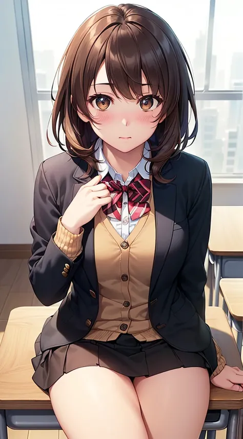 ((Tabletop, Highest quality, High resolution, Hmph, Pixel perfect, 4K, Hmph, Hmph))), One Girl, single, alone, Beauty、The whole body is visible、 ((Mid-wave hair, bangs, Brown Hair)), ((Brown eyes, Beautiful eyelashes, Realistic eyes)), ((Detailed face, blu...