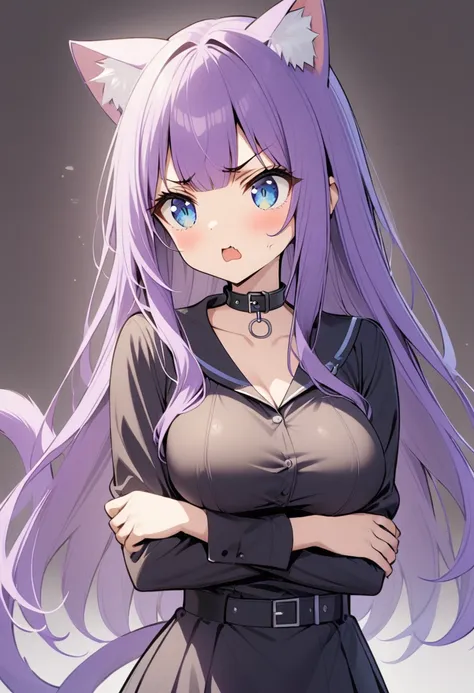 1girl, blue eyes, long hair, bangs, purple hair, breasts, angry, black collar, cat ears, purple cat tailc, black clothes, arms c...