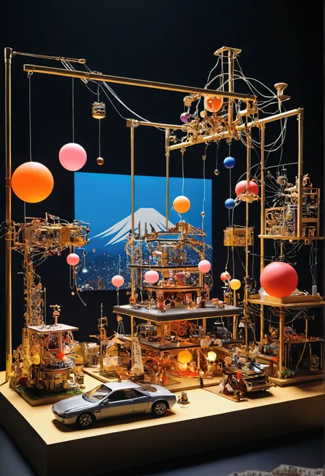 Bon Odori no Yagura（Futuristic cybernetic Rube Goldberg machine in the center of the image：1.2）Placed in a detailed still life scene in a diorama、kitsch、high tech、distinct、Cinematic、Anime influences、ultra modern、Sharp Focus、Wide-angle lens、landscape