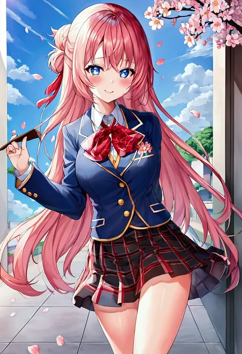 Super fine illustrations、{{solo girl}}、{pretty girl}、full body,(no hat:1.5)、beautiful hair、{winered color hair}、{medium hair}、{sky blue color eyeedium breats}、beautiful eyes、{school uniform},{blazer}、light smile、lushing cheeks、close mouth、cherry blossom sk...