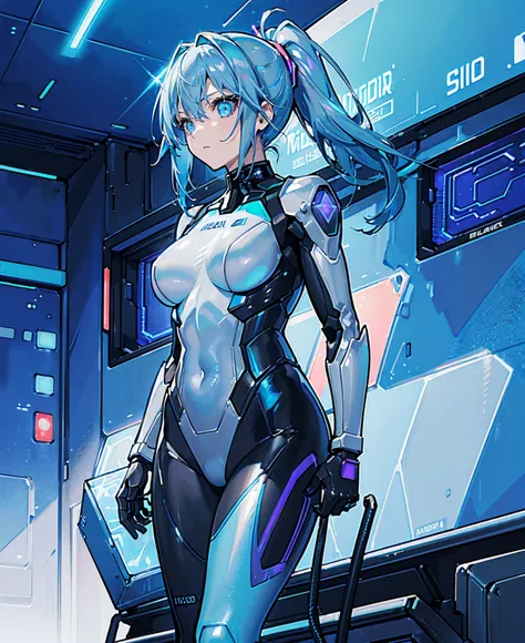 ((Holographic glow effect)),Blue Hair、Masterpiece、Best Quality、1 girl、Medium breast、((Album cover))、Light on Face、Slim Body、Blue Costume、Exoskeleton、metal Gear、Cyberpunk Style、ponytail、The Gundam pilot、attention arousal，Ride a fighter