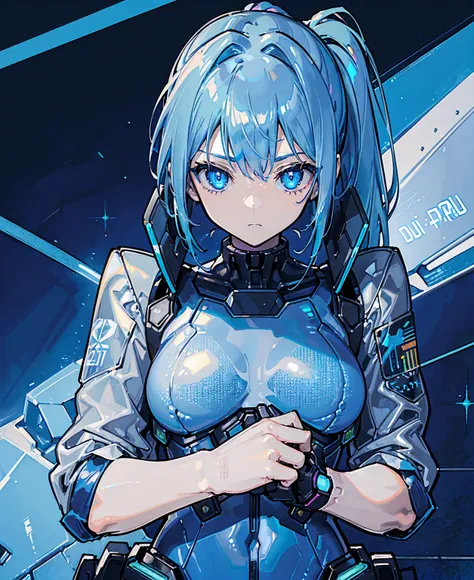 ((Holographic glow effect)),Blue Hair、Masterpiece、Best Quality、1 girl、Medium breast、((Album cover))、Light on Face、Slim Body、Blue Costume、Exoskeleton、metal Gear、Cyberpunk Style、ponytail、The Gundam pilot、attention arousal，Ride a fighter