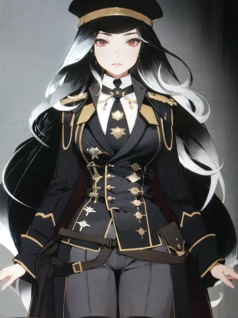 She is a military general, her hair is black and white, it is mix with curly and straight hair, add in some red streaks.