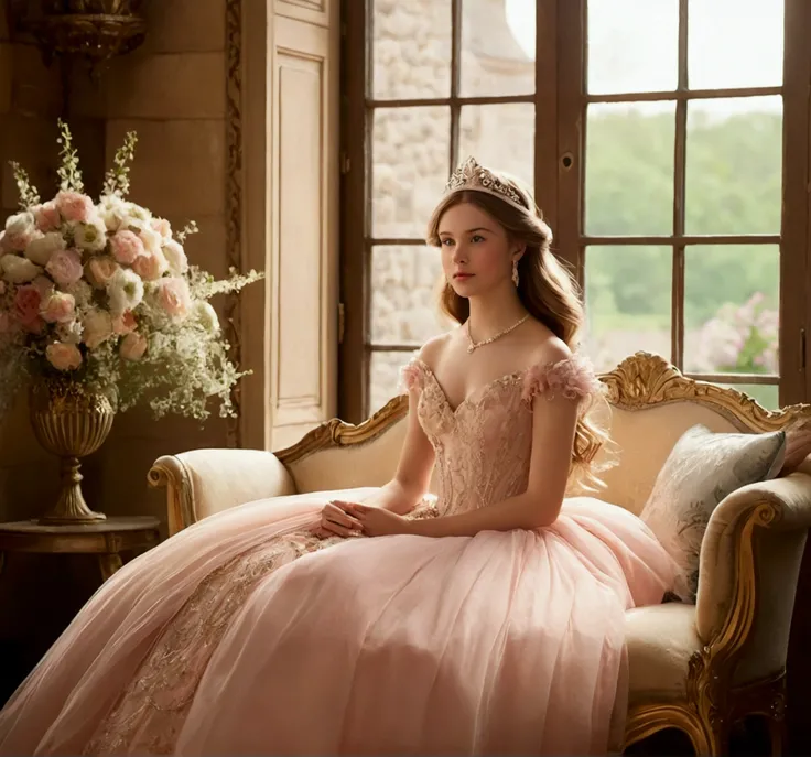 a  princess in a warm, fairytale-like castle setting. She should have youthful features and be dressed in a frilly pastel gown. The setting should be a cozy room with a large window revealing a garden bathed in the golden glow of sunset, filled with plush ...