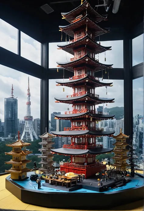 Japanese style、Tower、Bon dance（Futuristic cybernetic Rube Goldberg machine in the center of the image：1.2）Placed in a detailed still life scene in a diorama、high tech、distinct、Cinematic、Anime influences、ultra modern、Sharp Focus、Wide-angle lens、landscape